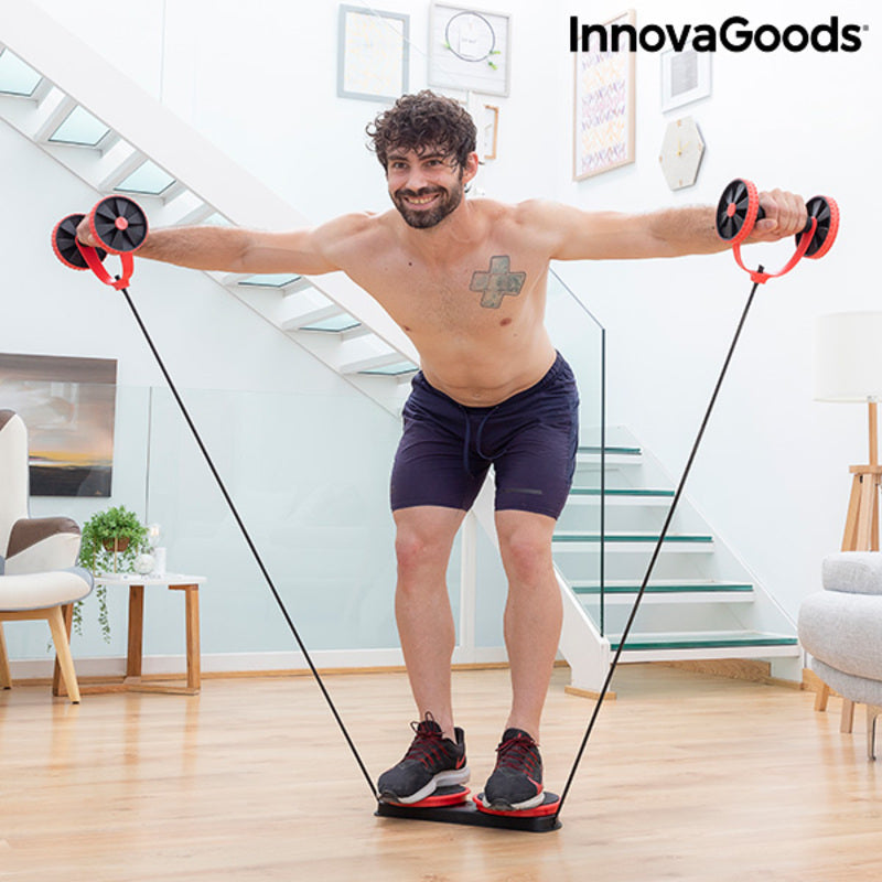 Abdominal Roller with Rotating Discs, Elastic Bands and Exercise Guide