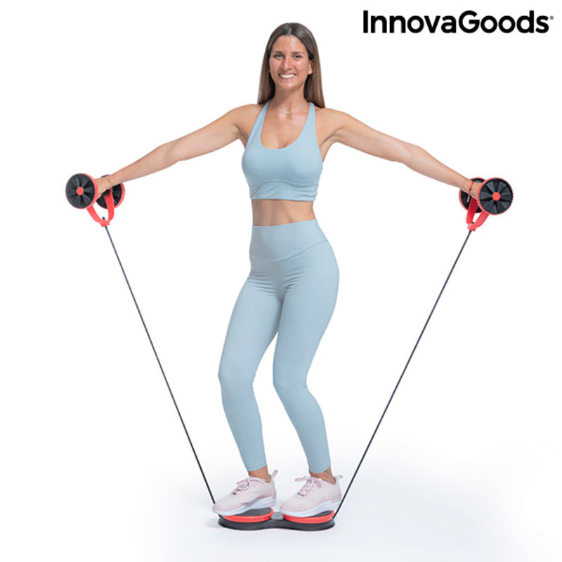 Abdominal Roller with Rotating Discs, Elastic Bands and Exercise Guide