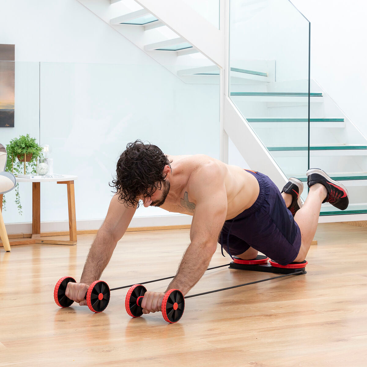 Abdominal Roller with Rotating Discs, Elastic Bands and Exercise Guide