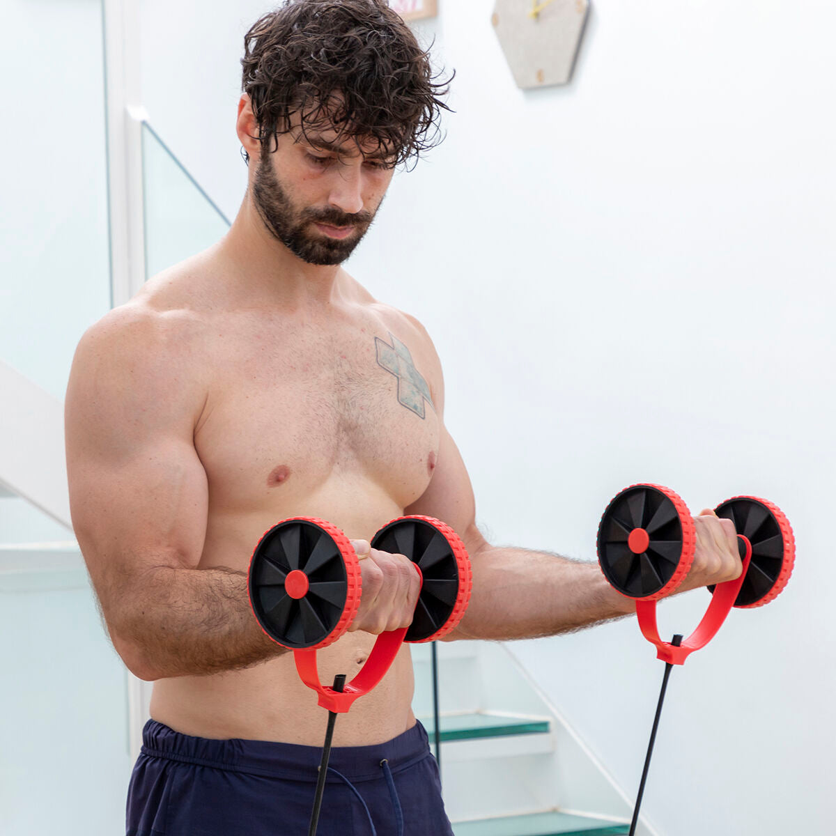 Abdominal Roller with Rotating Discs, Elastic Bands and Exercise Guide